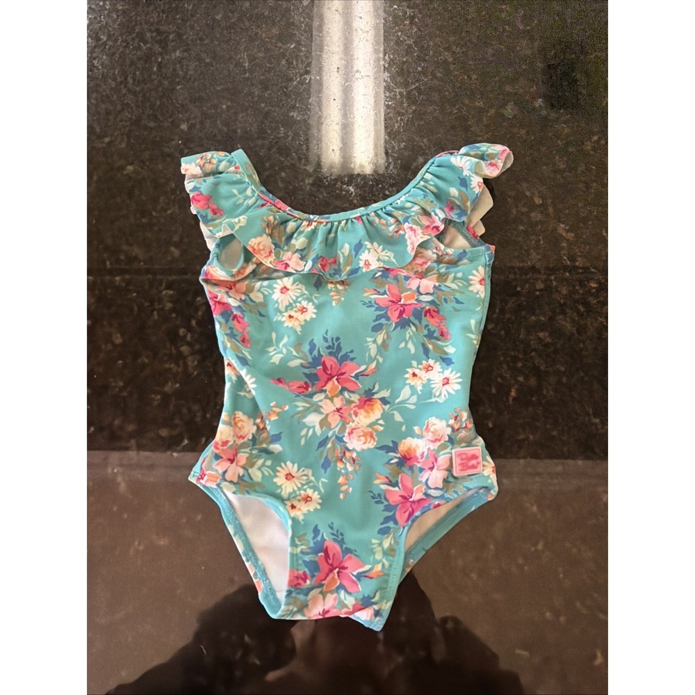 Ruffle Butts Girls Floral Swimsuit One Piece Sz 12-18m Green Boutique Bathing